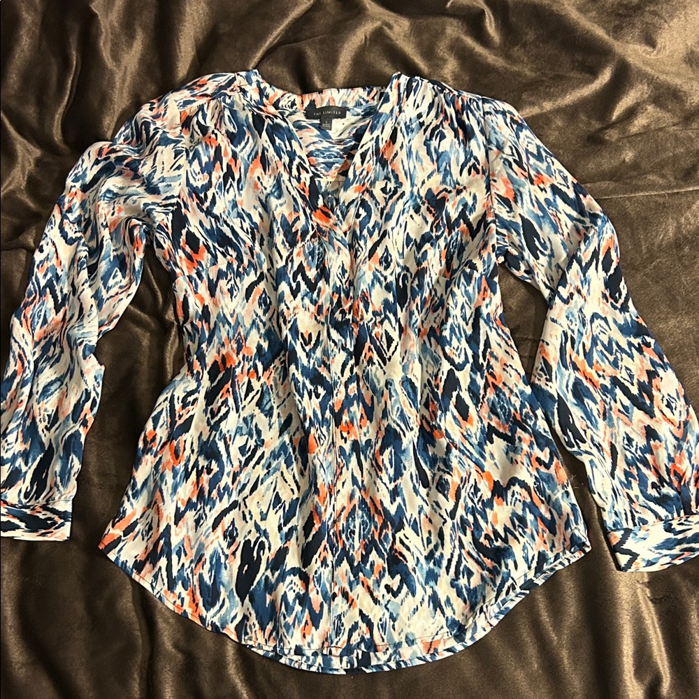 The Limited Blue White and Coral Print V-Neck Blouse